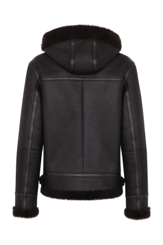 Damen-Bikerjacke aus Lammfell Modell Norah MVN in Dunkelbraun – Rueckansicht mit Kapuze und Ziegenleder-Details