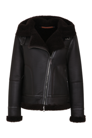 Damen-Bikerjacke aus Lammfell Modell Norah MVN in Dunkelbraun – Vorderansicht mit Kapuze und Ziegenleder-Details