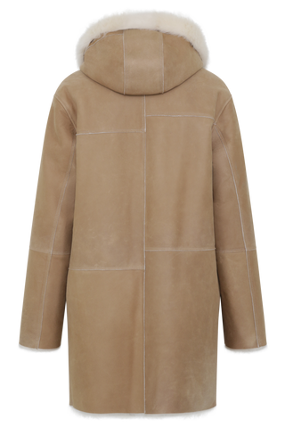 Damen Lammfellmantel Modell 698724 Olivera LCP in Caramel,Rueckansicht, aus voluminösem Lacon Cashmere Plus mit Kapuze und legere Passform