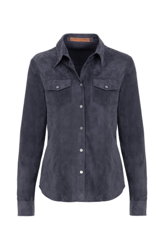 Damen Lederhemd von Frauenschuh, Modell Fanny-CA in Midnight (1630) – Vorderansicht, hochwertiges Veloursleder, gefertigt in Österreich