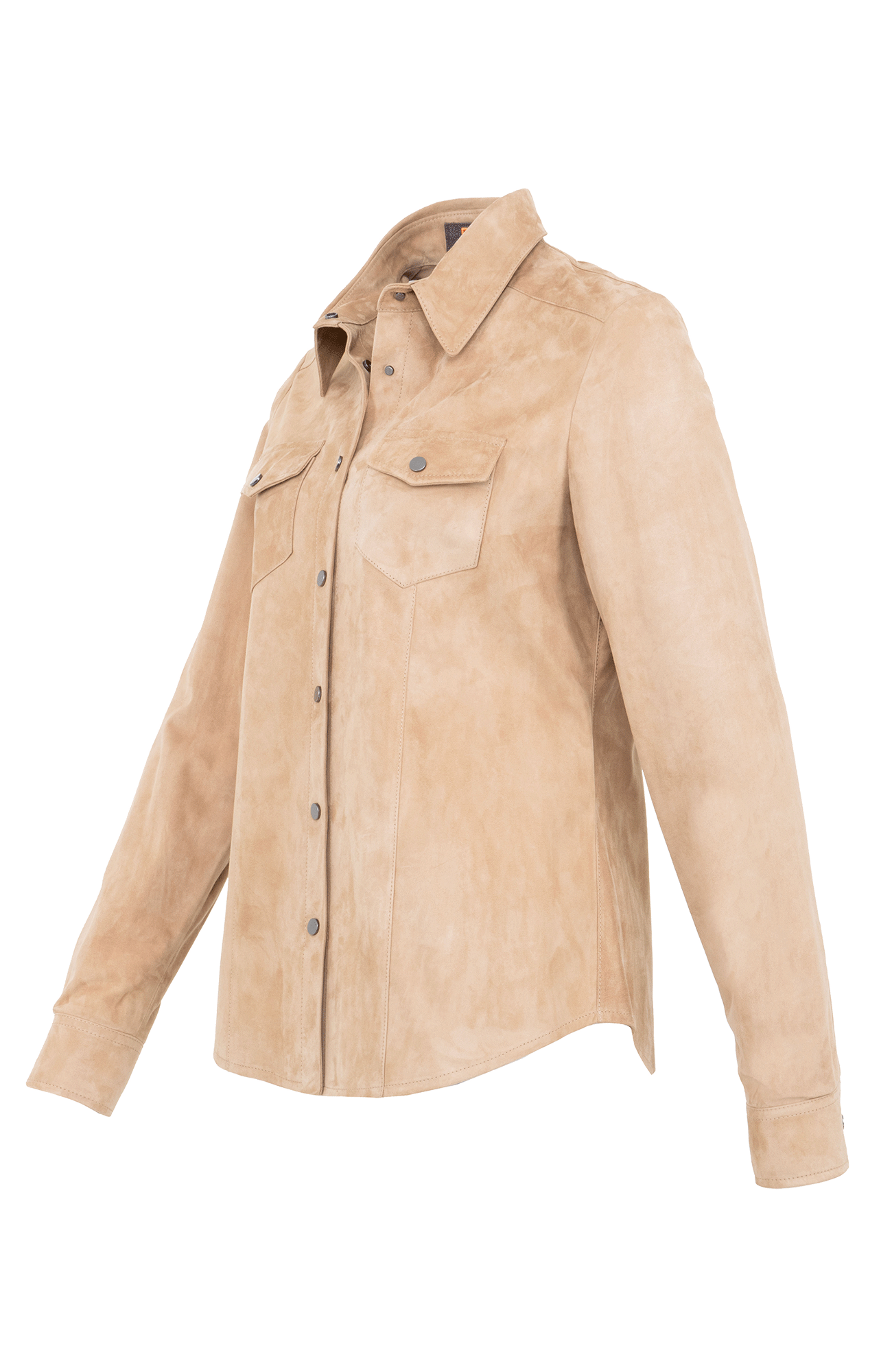 Damen Lederhemd von Frauenschuh, Modell Fanny-CA in Midnight (1940 caramel) – Seitenansicht, hochwertiges Veloursleder, gefertigt in Österreich