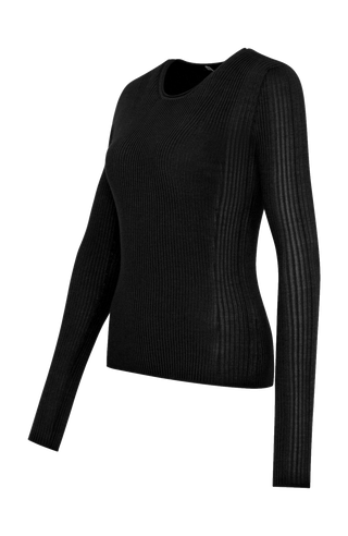 Eng anliegender Rundhalspullover von Frauenschuh aus weichem Kaschmir, wolle Seide mix in der Farbe schwarz Made in Italy - Seitenansicht Freisteller