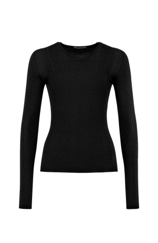 Eng anliegender Rundhalspullover von Frauenschuh aus weichem Kaschmir, wolle Seide mix in der Farbe schwarz Made in Italy - Vorderansicht Freisteller