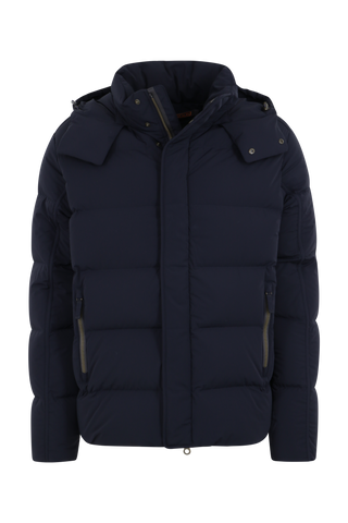 Vorderansicht der Frauenschuh Daunenjacke Mattia für Herren in Dunkelblau – warme Winterjacke mit abknöpfbarer und verstellbarer Kapuze, modernem Steppmuster, verschließbaren Seitentaschen und zusätzlicher Knopfleiste. Sie ist außerdem Feuchtigkeitsregulierend, Wasserabweisend, Wärmend, Atmungsaktiv und Elastisch.
