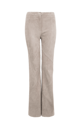 Grau beige leicht ausgestellte Velourslederhose von vorne