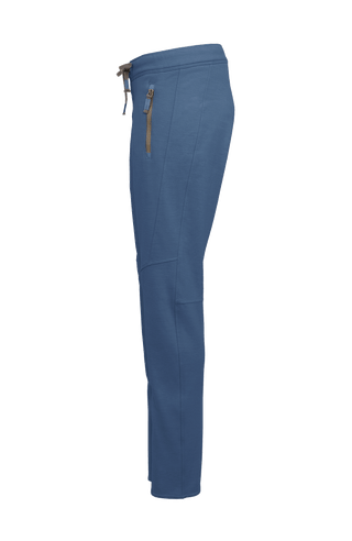 Frauenschuh Clio PSW Wollhose für Damen in Denim-Blau (209-0), Seitenansicht. Leichte, atmungsaktive Stretchhose für Frühling und Sommer, ideal für Freizeitaktivitäten und Sport. Mit elastischem Bund zum Zubinden und praktischen Reißverschlusstaschen für einen sportlich-modernen Look