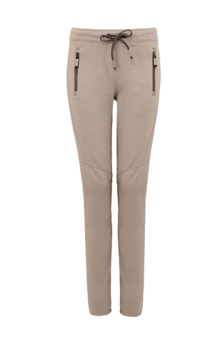 Frauenschuh Clio PSW Sporthose für Damen in Cashmere-Grau (31-0), Vorderansicht der Stretchhose für den Frühling und Sommer. Leichtes, atmungsaktives Material, ideal für Freizeitaktivitäten und Sport. Modischer Schnitt mit elastischem Bund zum Zubinden und praktischen Reißverschlusstaschen für einen sportlich-eleganten Look