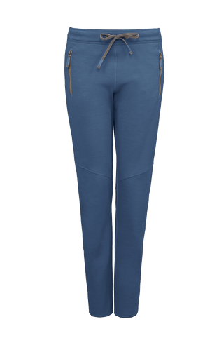 Frauenschuh Clio PSW Wollhose für Damen in Denim-Blau (209-0), Vorderansicht der Stretchhose für Frühling und Sommer. Ideal für Freizeitaktivitäten und Sport, mit elastischem Bund zum Zubinden und praktischen Reißverschlusstaschen für einen sportlich-modernen Look