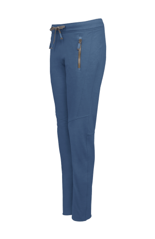 Frauenschuh Clio PSW Wollhose für Damen in Denim-Blau (209-0), Seitenansicht. Leichte, atmungsaktive Stretchhose für Frühling und Sommer, ideal für Freizeitaktivitäten und Sport. Mit elastischem Bund zum Zubinden und praktischen Reißverschlusstaschen für einen sportlich-modernen Look
