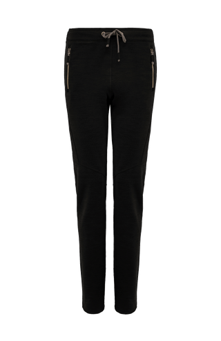 Frauenschuh Clio PSW Wollhose für Damen in Schwarz (01-0), Vorderansicht. Leichte, atmungsaktive Stretchhose für Frühling und Sommer, ideal für Freizeitaktivitäten und Sport. Mit elastischem Bund zum Zubinden und praktischen Reißverschlusstaschen für einen sportlich-modernen Look