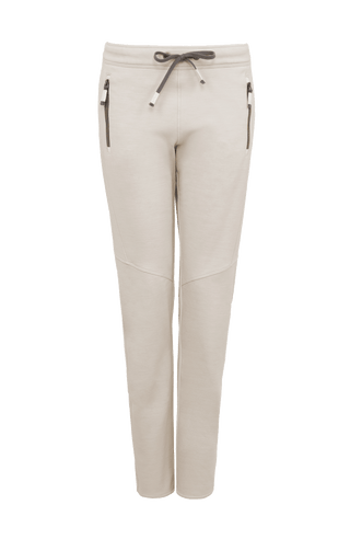 Frauenschuh Clio PSW Wollhose für Damen in Sandstone-Weiß (235-0), Vorderansicht. Leichte, atmungsaktive Stretchhose für Frühling und Sommer, ideal für Freizeitaktivitäten und Sport. Mit elastischem Bund zum Zubinden und praktischen Reißverschlusstaschen für einen sportlich-modernen Look