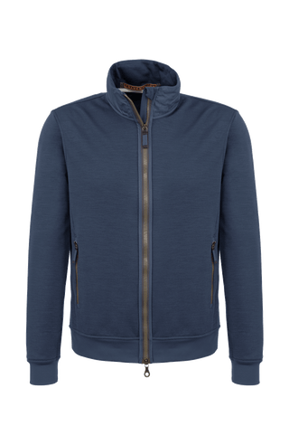 Frauenschuh Herrenjacke „Oliver“ aus Power Stretch Wool in blau, Vorderansicht. Leichte, elastische Jacke für Frühling und Sommer, mit sportlich-elegantem Schnitt. Ideal für aktive Freizeit, mit funktionalen Details und hohem Tragekomfort