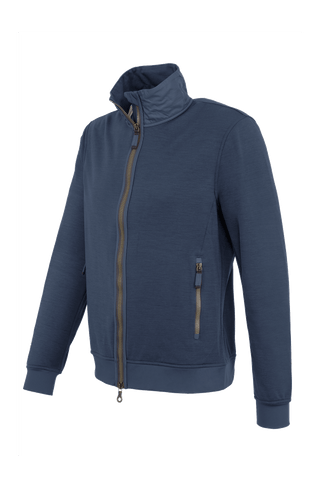 Frauenschuh Herrenjacke „Oliver“ aus Power Stretch Wool in blau, Seitenansicht. Leichte, elastische Jacke für Frühling und Sommer, mit sportlich-elegantem Schnitt. Ideal für aktive Freizeit, mit funktionalen Details und hohem Tragekomfort