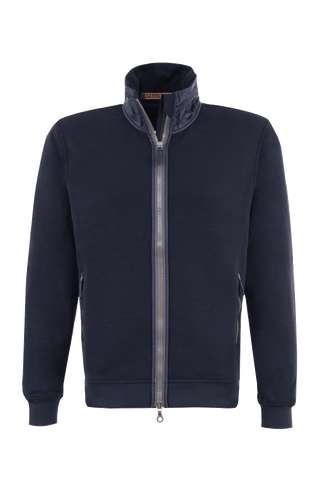 Frauenschuh Herrenjacke „Oliver“ aus Power Stretch Wool in dunkelblau, Vorderansicht. Leichte, elastische Jacke für Frühling und Sommer, mit sportlich-elegantem Schnitt. Ideal für aktive Freizeit, mit funktionalen Details und hohem Tragekomfort