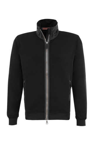 Frauenschuh Herrenjacke „Oliver“ aus Power Stretch Wool in schwarz, Vorderansicht. Leichte, elastische Jacke für Frühling und Sommer, mit sportlich-elegantem Schnitt. Ideal für aktive Freizeit, mit funktionalen Details und hohem Tragekomfort