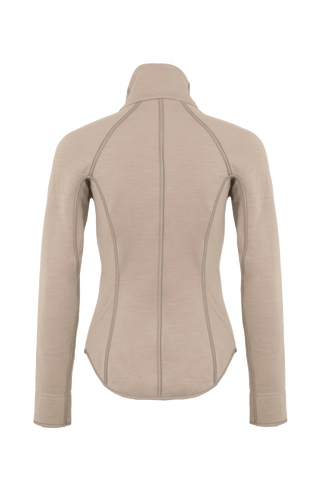 Rückansicht der Damen-Stretchjacke „Wera“ in Cashmere (Beige) – zeigt den klaren, taillierten Schnitt und das glatte, elastische Material; ideal für Frühling und Sommer sowie als Midlayer im Winter
