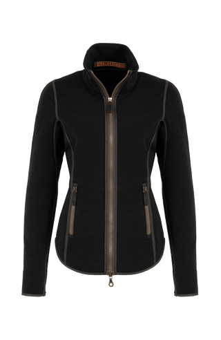 Vorderansicht der Damen-Sportjacke „Wera“ in der Farbe Black (schwarz) – leichte, nachhaltig gefertigte Stretchjacke mit sportlichem Schnitt und Zwei-Wege-Zippverschluss; ideal für Frühling und Sommer oder im Winter als Layer unter wärmeren Jacken
