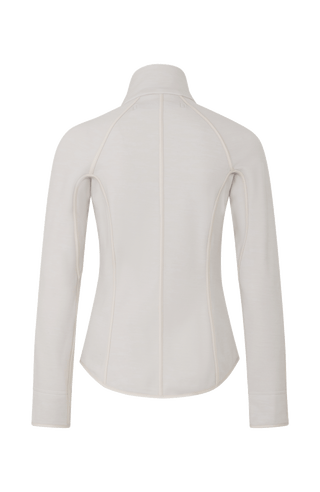 Rückansicht der Damen-Stretchjacke „Wera“ in Sandstone (weiß) – zeigt den klaren, taillierten Schnitt und das glatte, elastische Material; ideal für Frühling und Sommer sowie als Midlayer im Winter