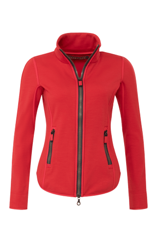 Vorderansicht der Damen-Sportjacke „Wera“ in der Farbe Ruby (rot) – leichte, nachhaltig gefertigte Stretchjacke mit sportlichem Schnitt und Zwei-Wege-Zippverschluss; ideal für Frühling und Sommer oder im Winter als Layer unter wärmeren Jacken