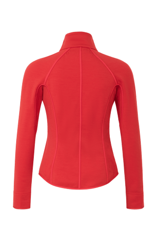 Rückansicht der Damen-Stretchjacke „Wera“ in Ruby (rot) – zeigt den klaren, taillierten Schnitt und das glatte, elastische Material; ideal für Frühling und Sommer sowie als Midlayer im Winter