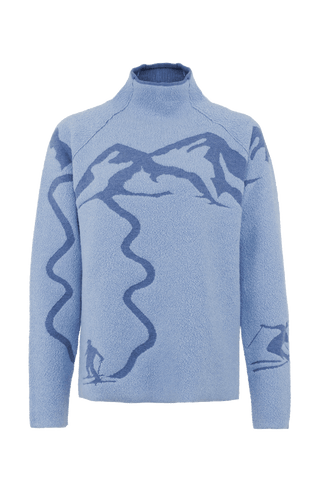 Cashmere Merino Pullover blau mit Berg Motiv von vorne