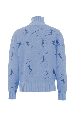 Cashmere Merino Pullover in blau mit Skifahrer Motiv von hinten