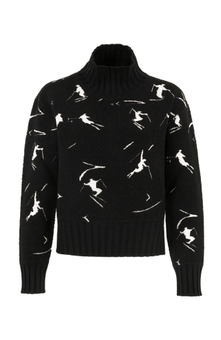 Cashmere Merino Pullover schwarz mit Schifahrer Motiv von vorne
