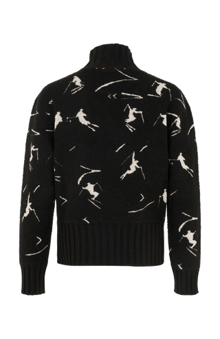 Cashmere Merino Pullover schwarz mit Schifahrer Motiv von hinten