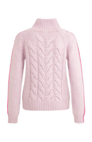 handmade Cashmere Pullover rosa mit pinken Streifen am Ärmel von hinten