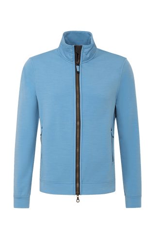 Frauenschuh Herrenjacke „Oliver“ aus Power Stretch Wool in hellblau, Vorderansicht. Leichte, elastische Jacke für Frühling und Sommer, mit sportlich-elegantem Schnitt. Ideal für aktive Freizeit, mit funktionalen Details und hohem Tragekomfort