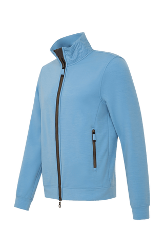 Frauenschuh Herrenjacke „Oliver“ aus Power Stretch Wool in hellblau, Seitenansicht. Leichte, elastische Jacke für Frühling und Sommer, mit sportlich-elegantem Schnitt. Ideal für aktive Freizeit, mit funktionalen Details und hohem Tragekomfort