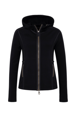 Schwarze Damen Stretch Jacke mit Kapuze von vorne