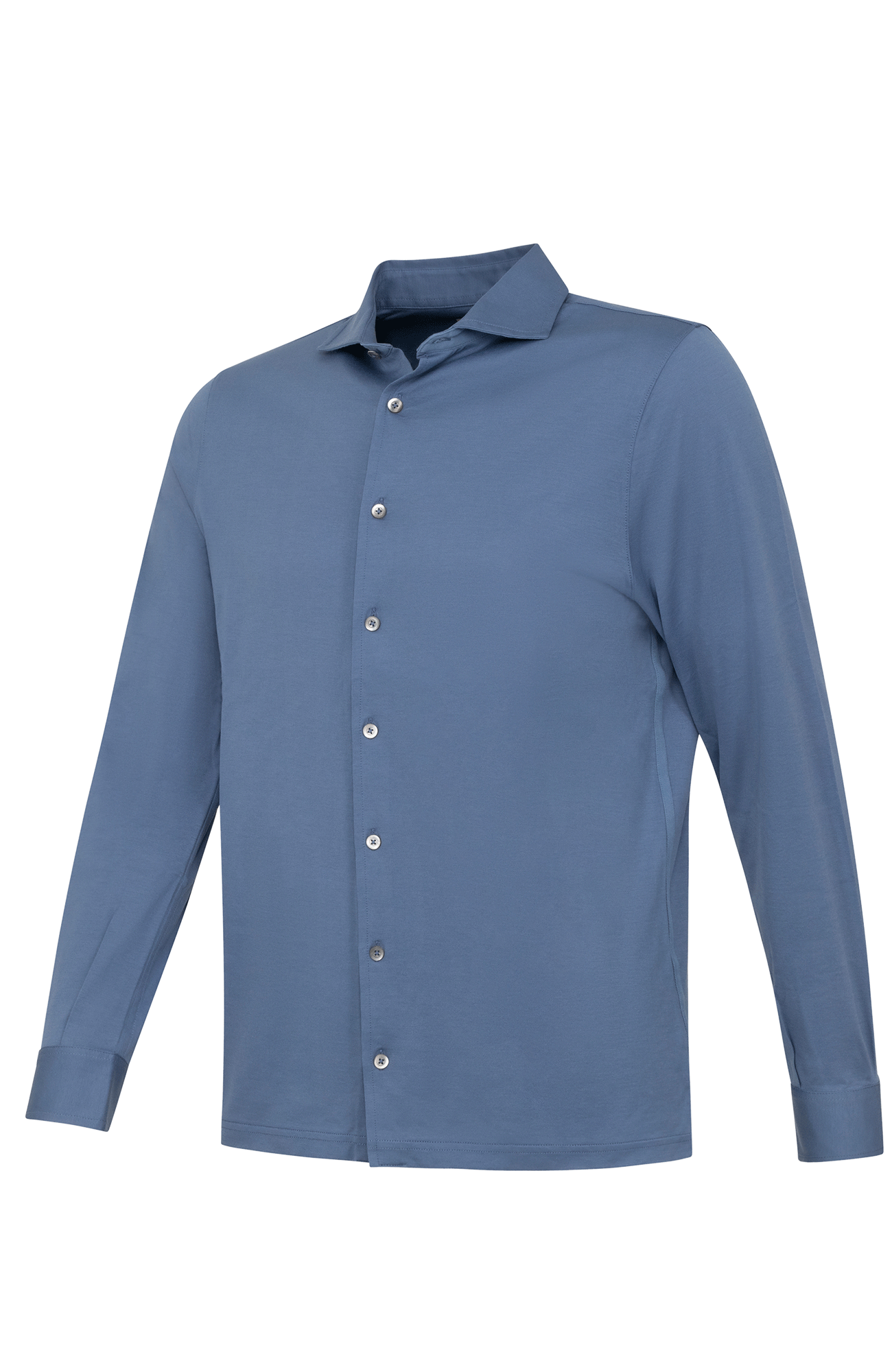 Herren Polohemd Marlon in der Farbe Denim – Seitenansicht mit klassischem Kragen und Knopfleiste, sportlich-eleganter Look aus weicher Baumwolle.