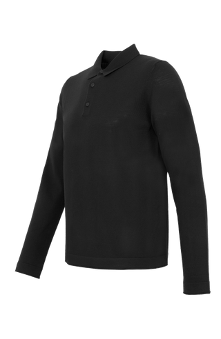 Herren-Poloshirt mit langen Ärmeln in Schwarz, Modell 400648 ALAN-SW – Seitenansicht. Klassischer Kragen mit Knopfleiste.