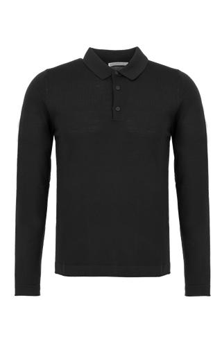 Herren-Poloshirt mit langen Ärmeln in Schwarz, Modell 400648 ALAN-SW – Vorderansicht. Klassischer Kragen mit Knopfleiste.
