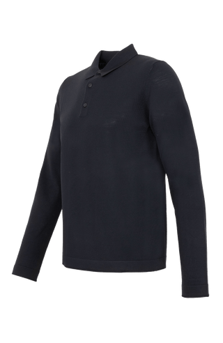 Herren-Poloshirt mit langen Ärmeln in dunkelblau, Modell 400648 ALAN-SW – Seitenansicht Klassischer Kragen mit Knopfleiste.