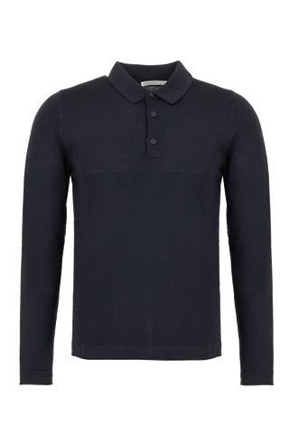 Herren-Poloshirt mit langen Ärmeln in dunkelblau, Modell 400648 ALAN-SW – Vorderansicht. Klassischer Kragen mit Knopfleiste.