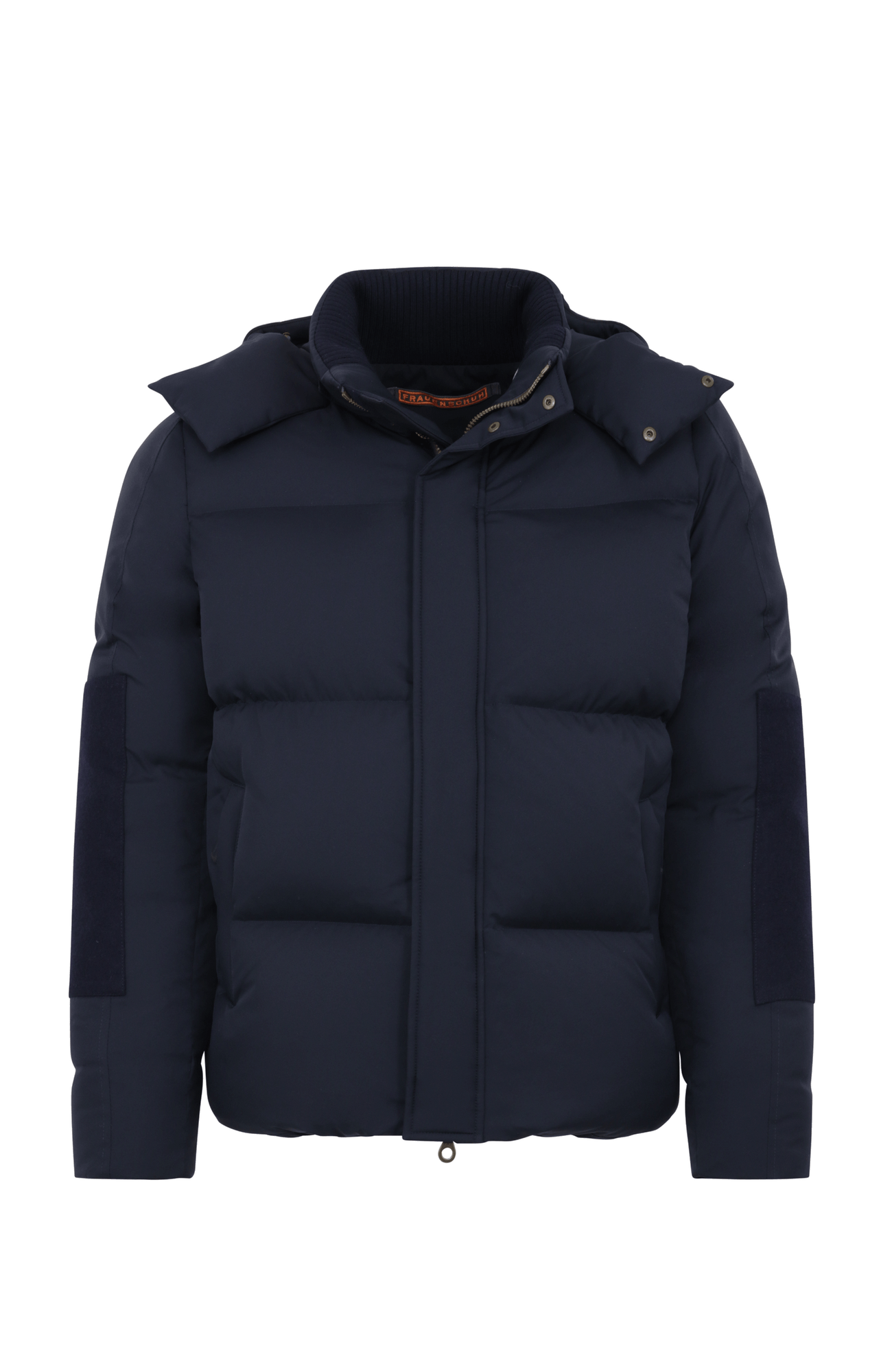 Frauenschuh Herren-Skijacke mit Daunenfüllung, Modell 724717 Teddy-LIN, Farbe Dunkelblau  – Vorderansicht der luxuriösen Winterjacke aus Light Italian Nylon mit Loden-Details.