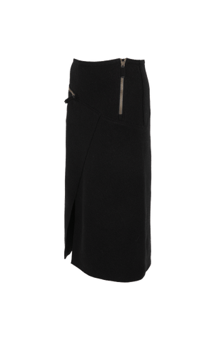 Knielanger Damen-Walkrock Modell Zita in Schwarz, Seitenansicht– eleganter Wollrock mit klassischem Schnitt, ideal für Herbst und Winter.