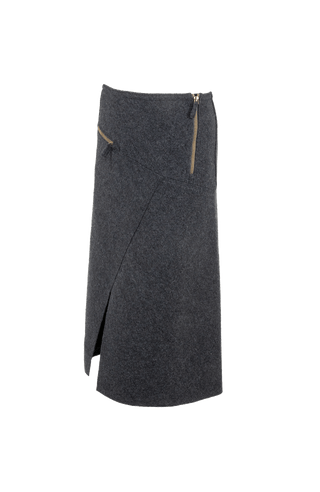 Knielanger Damen-Walkrock Modell Zita in grau Seitenansicht – eleganter Wollrock mit klassischem Schnitt, ideal für Herbst und Winter.