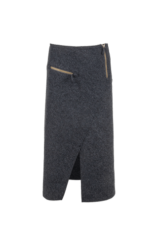 Knielanger Damen-Walkrock Modell Zita in grau Vorderansicht – eleganter Wollrock mit klassischem Schnitt, ideal für Herbst und Winter.