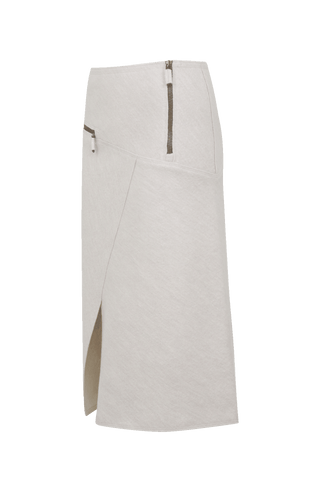 Knielanger Damen-Walkrock Modell Zita in sandstone Seitenansicht – eleganter Wollrock mit klassischem Schnitt, ideal für Herbst und Winter.