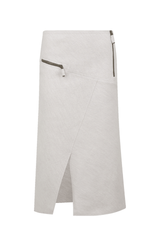 Knielanger Damen-Walkrock Modell Zita in sandstone Vorderansicht– eleganter Wollrock mit klassischem Schnitt, ideal für Herbst und Winter.