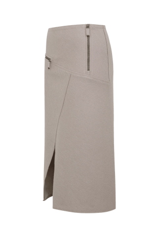 Knielanger Damen-Walkrock Modell Zita in cashmere Seitenansicht– eleganter Wollrock mit klassischem Schnitt, ideal für Herbst und Winter.