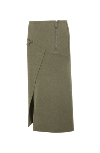 Knielanger Damen-Walkrock Modell Zita in grün Seitenansicht – eleganter Wollrock mit klassischem Schnitt, ideal für Herbst und Winter.