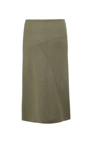 Knielanger Damen-Walkrock Modell Zita in grün Rueckansicht – eleganter Wollrock mit klassischem Schnitt, ideal für Herbst und Winter.