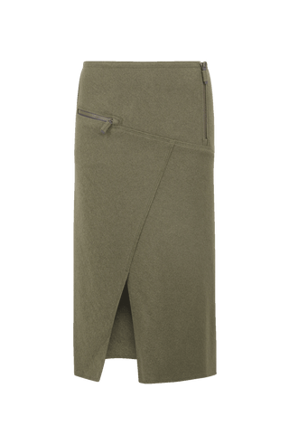 Knielanger Damen-Walkrock Modell Zita in grün Vorderansicht– eleganter Wollrock mit klassischem Schnitt, ideal für Herbst und Winter.