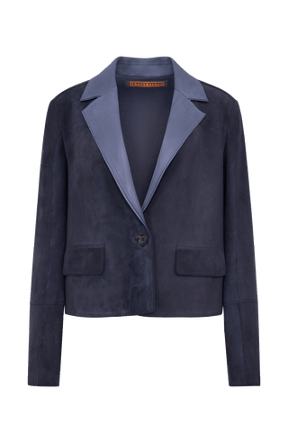 Kurzer Damen Lederblazer aus Veloursleder, Modell Lin-CV in Midnight (1630) – Vorderansicht