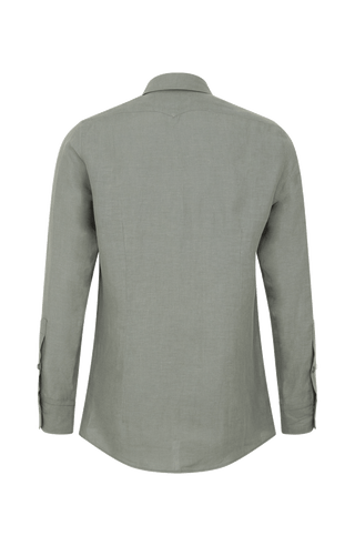 Leinenhemd für Herren, Modell Julian (Art. 643713) in Salbeigrün, Rueckansicht auf weißem Hintergrund fotografiert