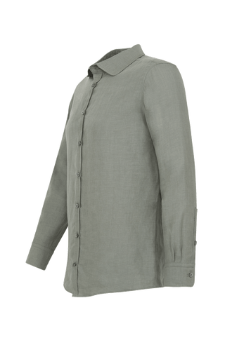 Leinenhemd für Herren, Modell Julian (Art. 643713) in Salbeigrün, Seitenansicht auf weißem Hintergrund fotografiert